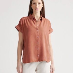 Quince Vintage Wash Tencel Camp Shirt Terracotta Rust Brown Oversized Size L
